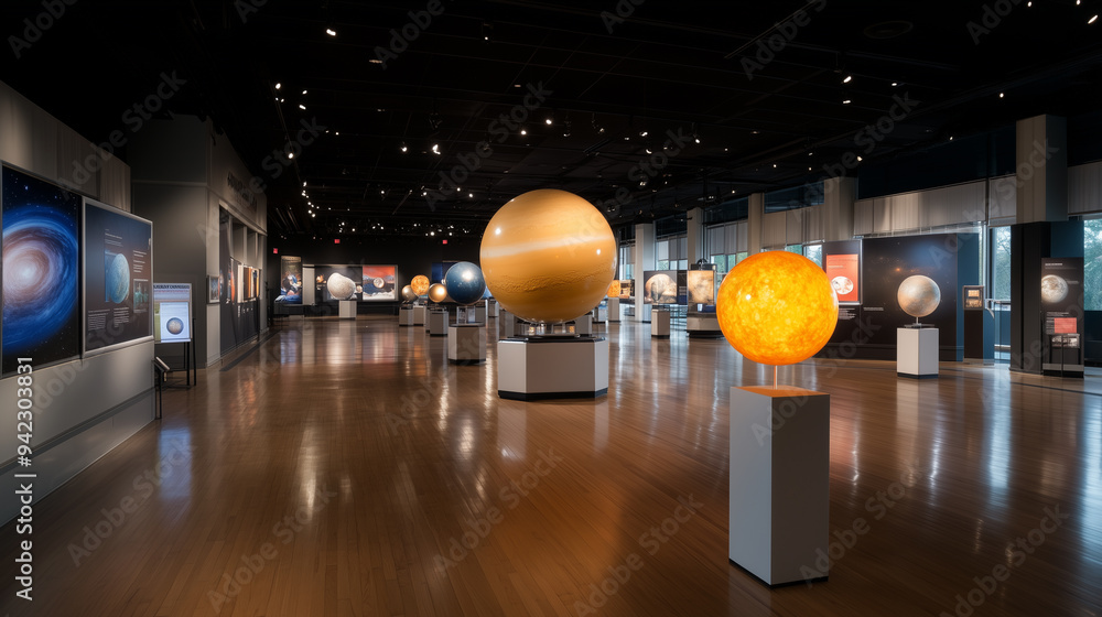 Wall mural space museum with planets of solar system and screens display data about each celestial body