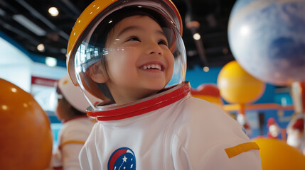 asian boy kid in astronaut costume exploring space-themed play area with planets, stars and rocket props