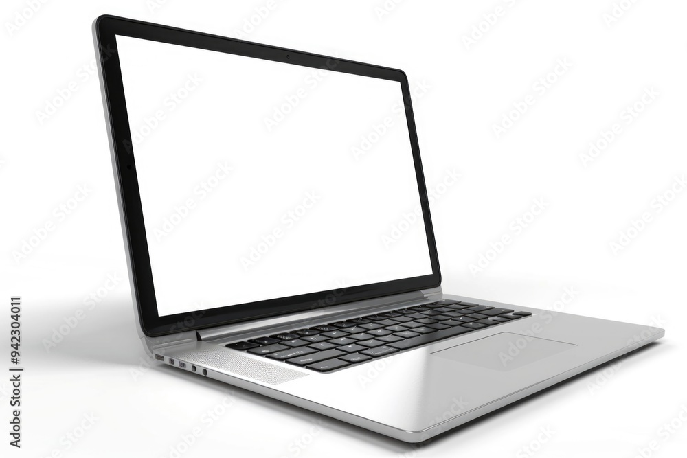 Poster a laptop computer with a blank white screen, perfect for representing technology or modern life
