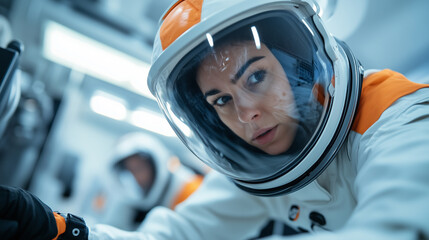  female astronaut wearing white overalls with orange details working on the engine room inside space station - Powered by Adobe