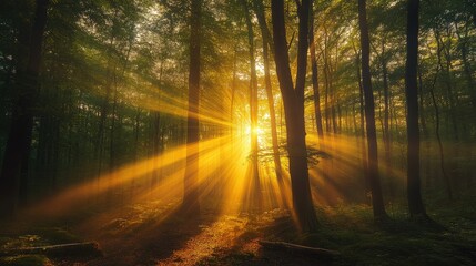 Fototapeta premium Golden hour sunlight streaming through forest