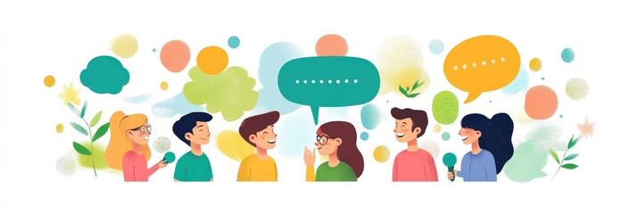 Fototapeta premium A colorful illustration of people engaging in conversation with speech bubbles.