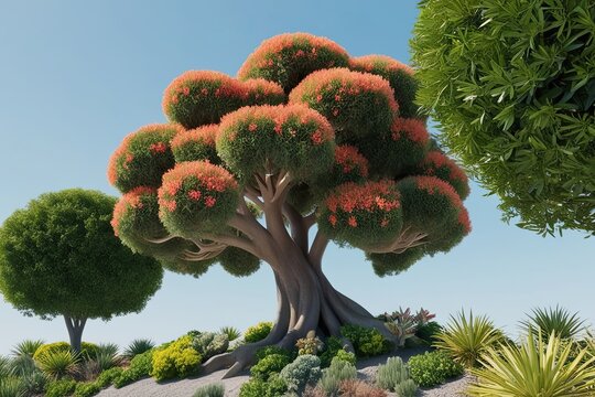 Vibrant 3D Angophora Costata Tree Design with Clear Background and Natural Elements