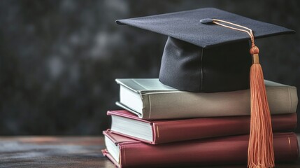 Graduation hat and stack of study books with copy space