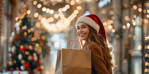 A happy woman in a Santa hat surrounded by festive decorations enjoys holiday shopping in a joyful atmosphere. Keywords include gift shopping, festive season, and cheerful celebration