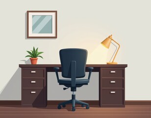 Modern home office setup with wooden desk, ergonomic chair, yellow lamp, and minimalist decor against a light wall background.