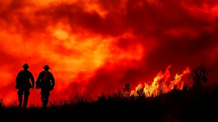Fototapeta premium Firefighters silhouetted against a dramatic sunset as they combat a wildfire.