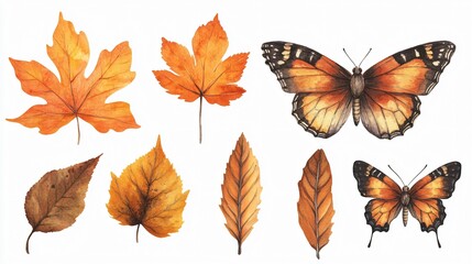 Obraz premium Autumn's Palette: Watercolor Butterflies and Leaves 