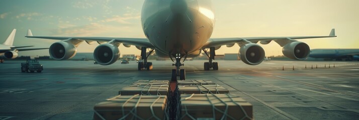 Cargo aircraft on the runway Aviation industry and planes Air transport and aerial journeys Worldwide logistics Flying in the air Creative photography Business-centered perspective