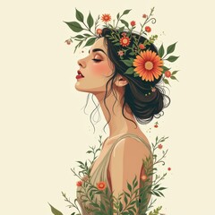 A beautiful woman with long dark hair is surrounded by flowers.  She has her eyes closed and a peaceful expression on her face.