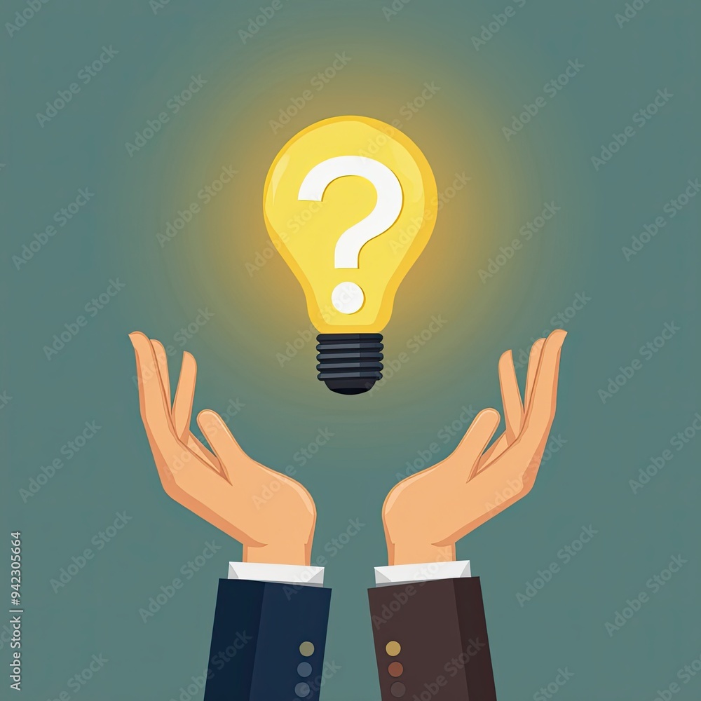 Poster a pair of hands hold up a bright light bulb with a question mark inside, representing the search for