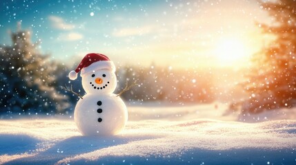 Fototapeta premium Happy snowman standing in christmas landscape. Snow background with copy space