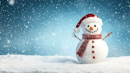 Happy snowman standing in christmas landscape. Snow background with copy space