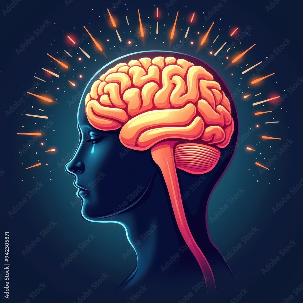 Poster a profile view of a head with an exposed brain and a tear running down the cheek, surrounded by brig