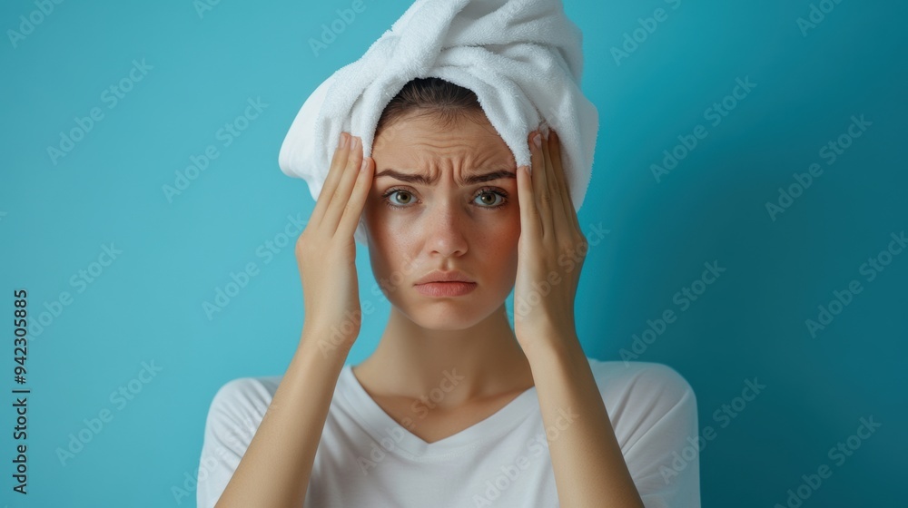 Canvas Prints a woman with a towel on her head holding up her hair, ai