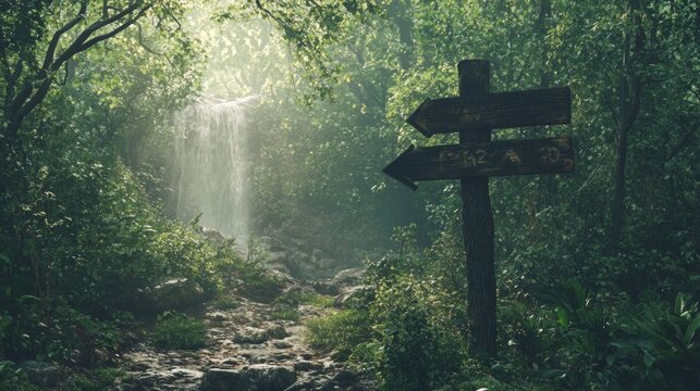 A lush green forest scene with a gentle waterfall in the background. Two wooden signs point the way. This tranquil moment invites exploration and adventure in nature. AI.