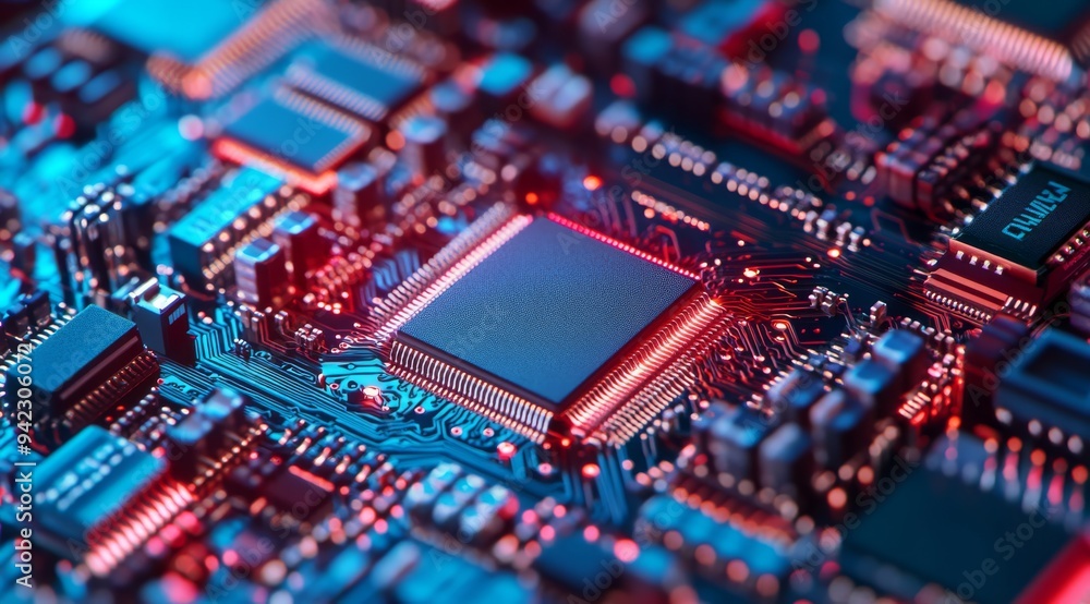 Poster this is a detailed view showcasing the intricate and complex circuitry found on a microchip, which h
