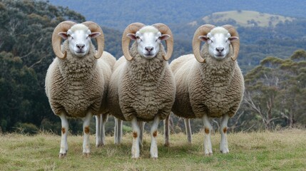 Fototapeta premium Three rams standing in a field with mountains behind them, AI
