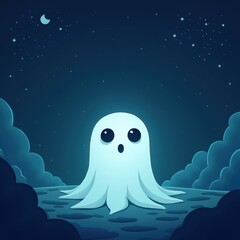 A friendly ghost with big eyes and an open mouth stands on a starry night.