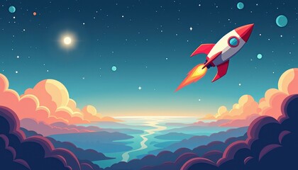 Naklejka premium A red and white rocket ship blasts off into the night sky, leaving a trail of fire behind it.