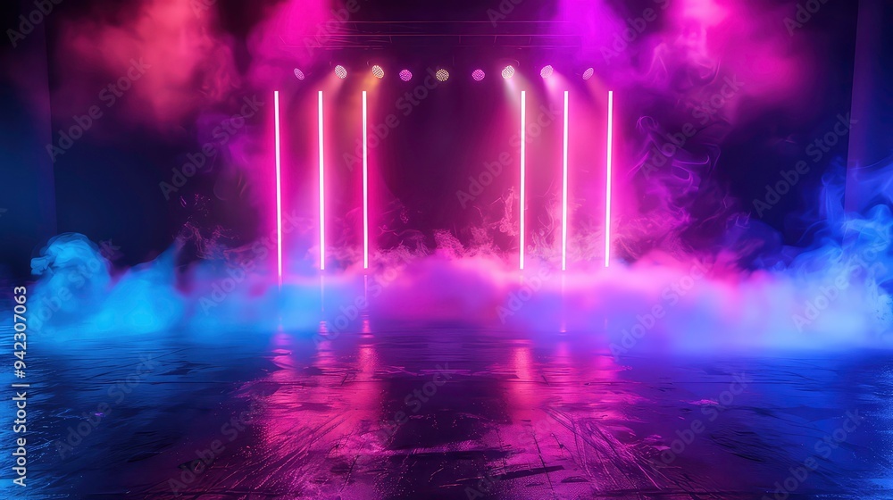 Poster neon lights illuminate a stage with fog, creating a colorful abstract background.