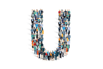 Illustration vectorielle représentant la lettre U de l'alphabet constituée d'une foule de personnages d'âge, de races et de sexes différents