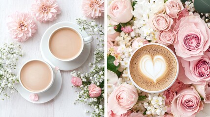 Pink Roses and Latte Coffee on White Wooden Background