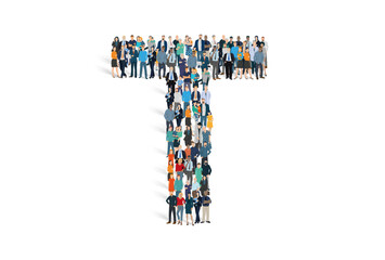 Illustration vectorielle représentant la lettre T de l'alphabet constituée d'une foule de personnages d'âge, de races et de sexes différents
