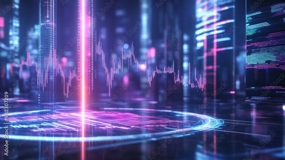 Poster futuristic digital landscape with vibrant neon colors and data patterns. this abstract design repres