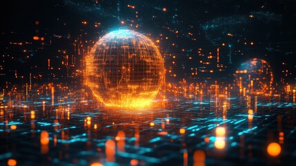 Fototapeta premium Futuristic Cityscape with Glowing Sphere and Abstract Network