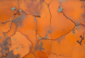 Obraz premium Background image of a painted steel sheet with cracked coating, peeling paint, and rust spreading across. 