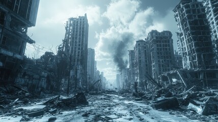 Apocalyptic Cityscape   Destroyed Buildings and Rubble in a Post Disaster World