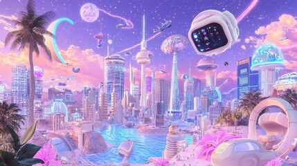 Futuristic Cityscape with Palm Trees  Flying Cars  and Neon Lights