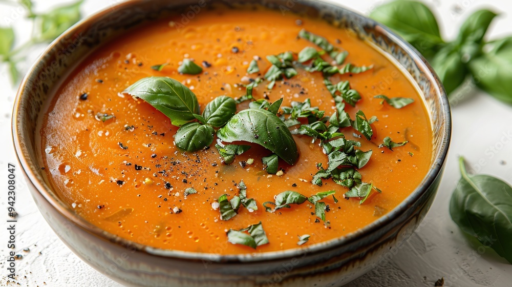 Sticker Close up of a bowl of orange soup with basil and pepper