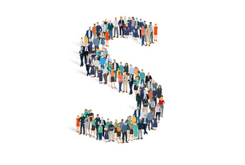 Illustration vectorielle représentant la lettre S de l'alphabet constituée d'une foule de personnages d'âge, de races et de sexes différents