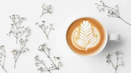 Latte Art with White Flowers Minimalist Composition