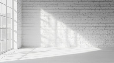 The interior features a spacious design with a charming white brick wall, large windows allowing ample light, and soft shadows from warm sunlight, creating a serene and inviting atmosphere