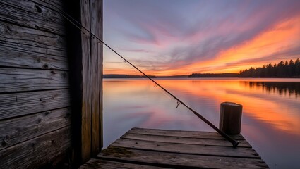 A tranquil sunset view over a calm lake, featuring a fishing rod leaning on a rustic wooden dock, perfect for relaxation and nature lovers.