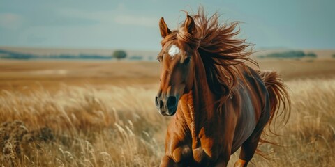 Obraz premium A happy close-up of a horse running freely in a wide-open field