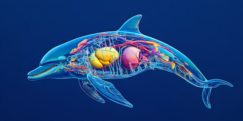  Detailed Dolphin Anatomy Illustration, Marine Biology and Science Concept , Transparent Dolphin Anatomy Diagram, Oceanic Life and Biology Visualization 