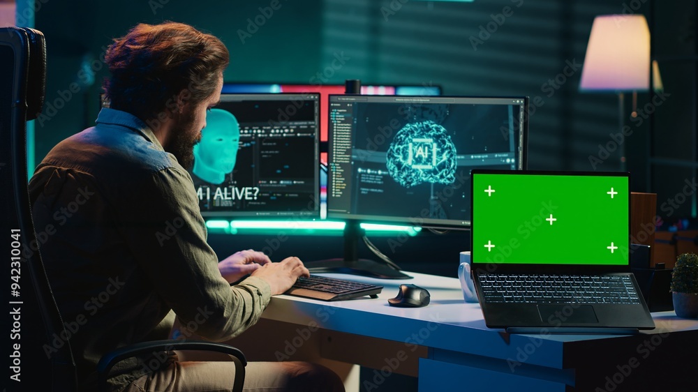 Poster programmer being asked existential questions by awaken ai gaining consciousness next to chroma key l
