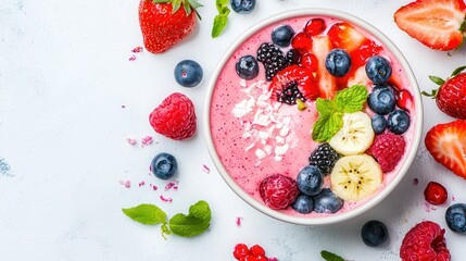 Delicious and Healthy Smoothie Bowl with Fresh Berries  Banana and Coconut Flakes