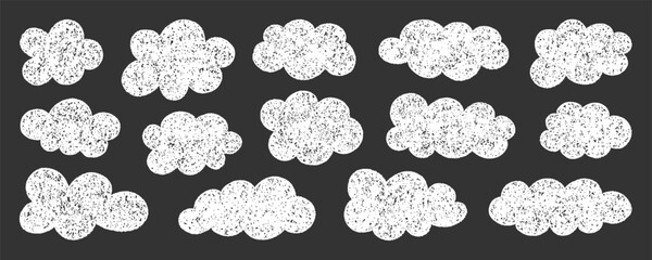 Chalk pencil white clouds doodle set. Childish crayon sky, Pastel kids sketch. Grunge texture. Hand drawn vector illustration isolated on black background