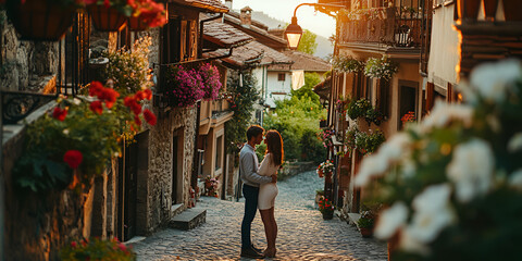 Romantic Couple Embracing in a Quaint Village Street at Sunset , Couple in Love Standing on a Cobblestone Street, Scenic Village Romance