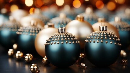 Fototapeta premium Luxury Christmas Baubels. Teal and Gold Festive Background.