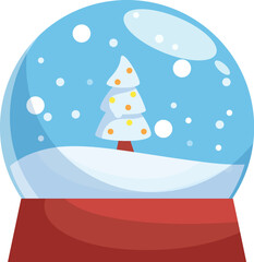 Classic christmas snow globe showing a decorated pine tree covered in snow