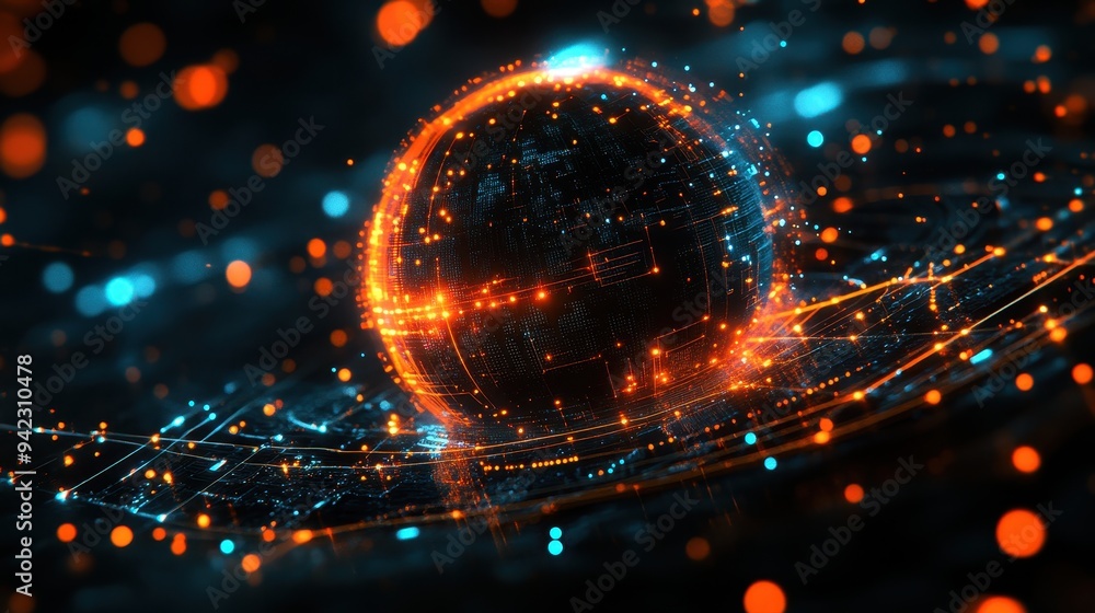 Poster abstract glowing sphere with digital network connections and bokeh lights