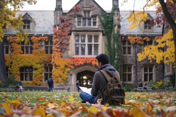 Student studying on campus surrounded by autumn leaves at a historic college in fall