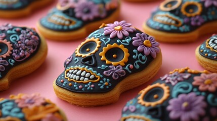 A pattern of sugar skull shaped cookies decorated with colorful icing and flowers, dia de los muertos theme on a pink background, top view