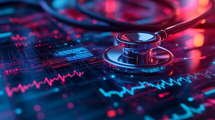 A stethoscope on a digital interface displaying health data and heartbeat patterns.